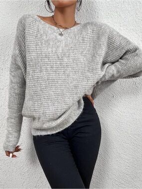 Light Gray Boatneck Pullover Off the Shoulder Sweater